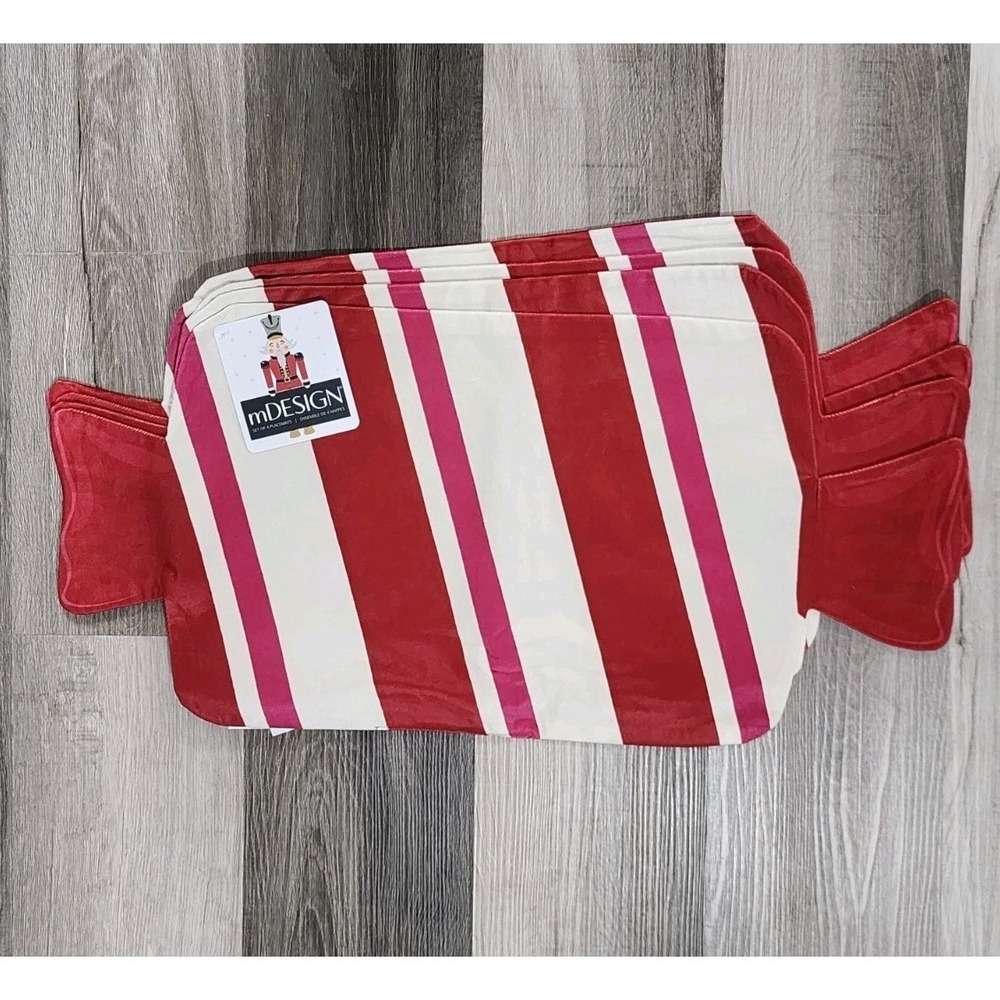 Peppermint Candy Shaped Placemats Velvet‎ Red White Stripes 13x19 Christmas 4 Pc